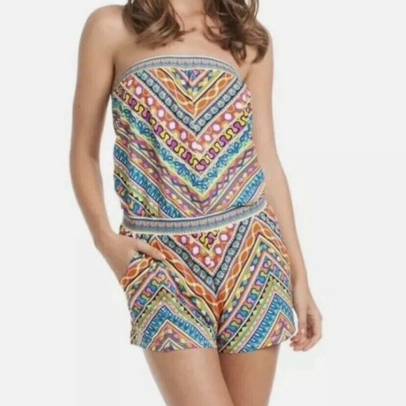 Trina Turk Peruvian Stripe Swimsuit Romper Cover Up Multicolor Halter Top Size M - Picture 3 of 12